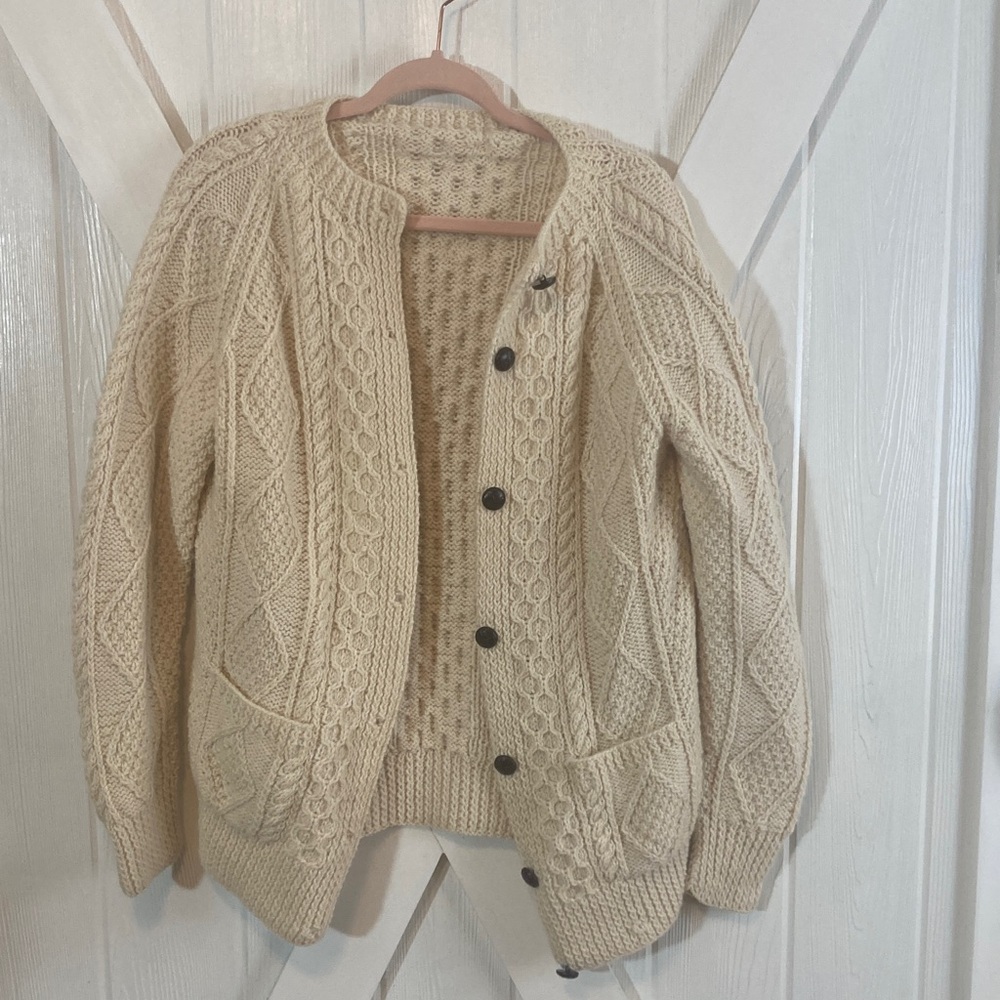 Vintage Wool Hand Knit Grandma Cardigan Sweater • Oversized M/L